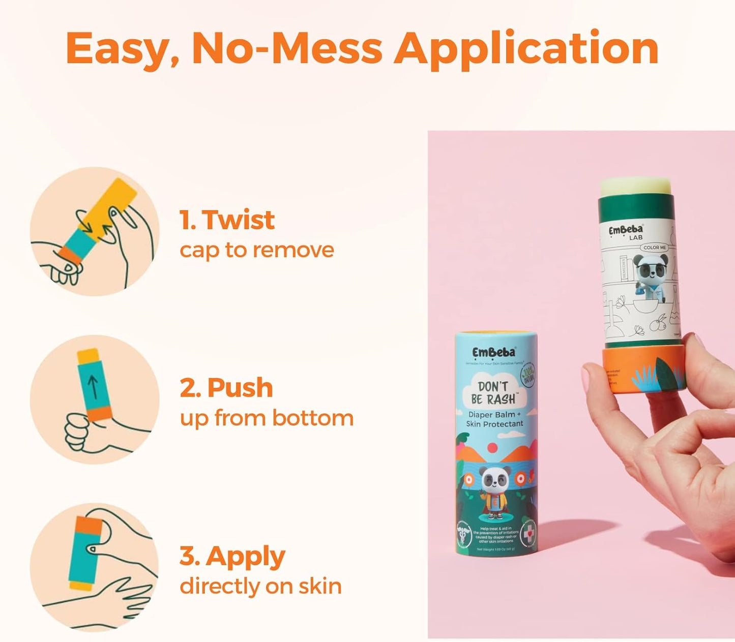 Natural Diaper Rash Cream for Baby with Sensitive Skin | Travel Friendly Baby Rash Ointment with Built-In Diaper Balm Stick Roll-On Applicator, All over Herbal Skin Care, 1 Pack