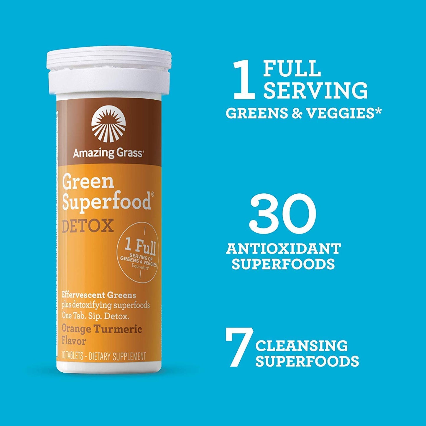 Effervescent Detox Tablets: Water Flavoring Tablet with Detoxifying Greens & Antioxidants, Orange Turmeric, 60 Count