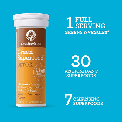 Effervescent Detox Tablets: Water Flavoring Tablet with Detoxifying Greens & Antioxidants, Orange Turmeric, 60 Count