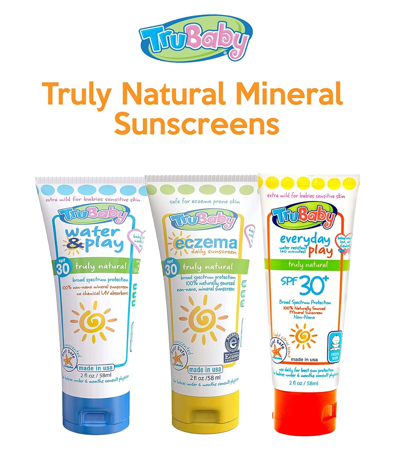 Trubaby Everyday Play SPF 30+ UVA/UVB Reef Safe Sunscreen Lotion, Mineral Based, Safe for Face & Body 2 Oz