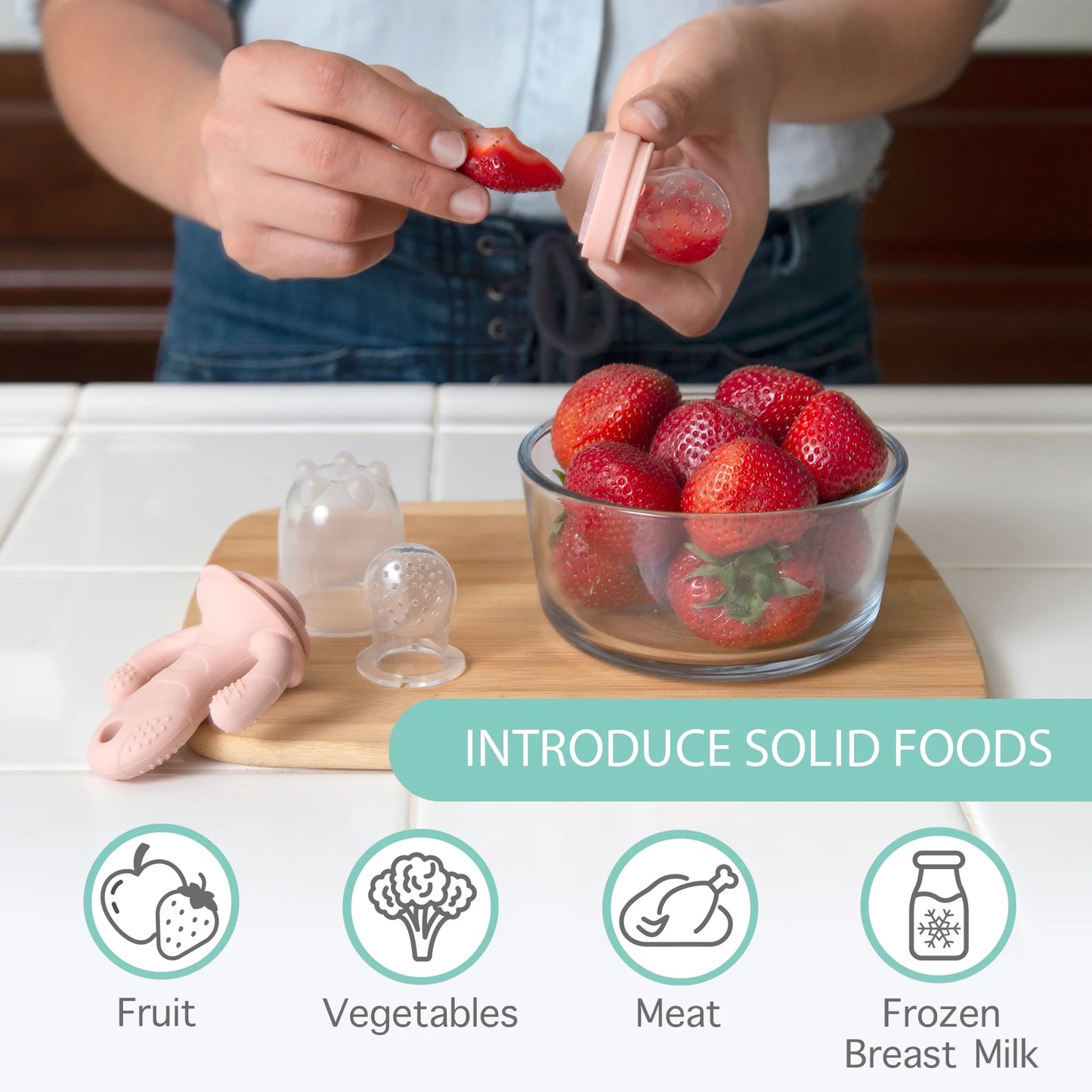 Silicone Baby Fruit Feeder and Teether Set with Breastmilk Popsicle Freezer Molds, Rose