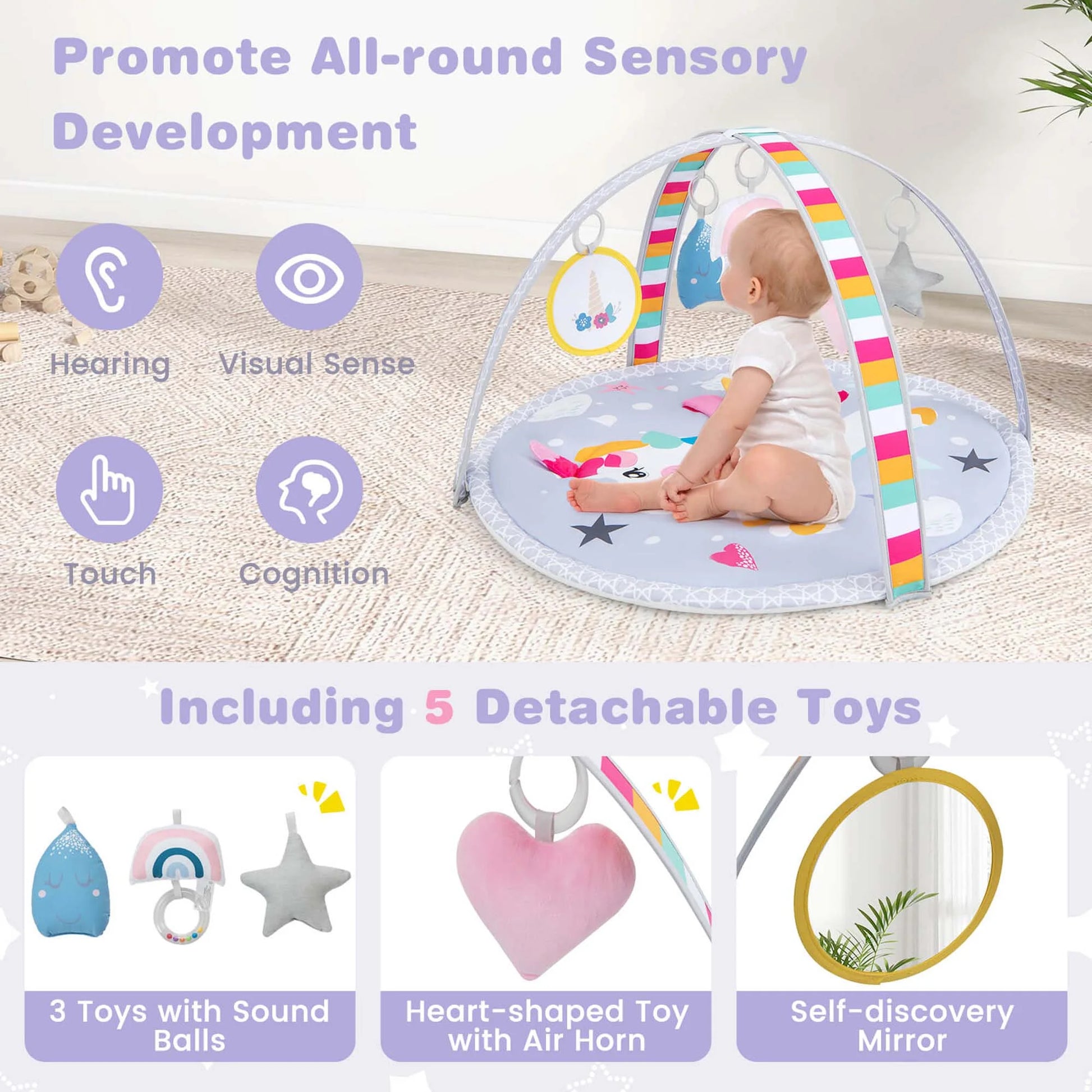 Baby Play Gym Mat Thicker Tummy Time Mat with 5 Detachable Hanging