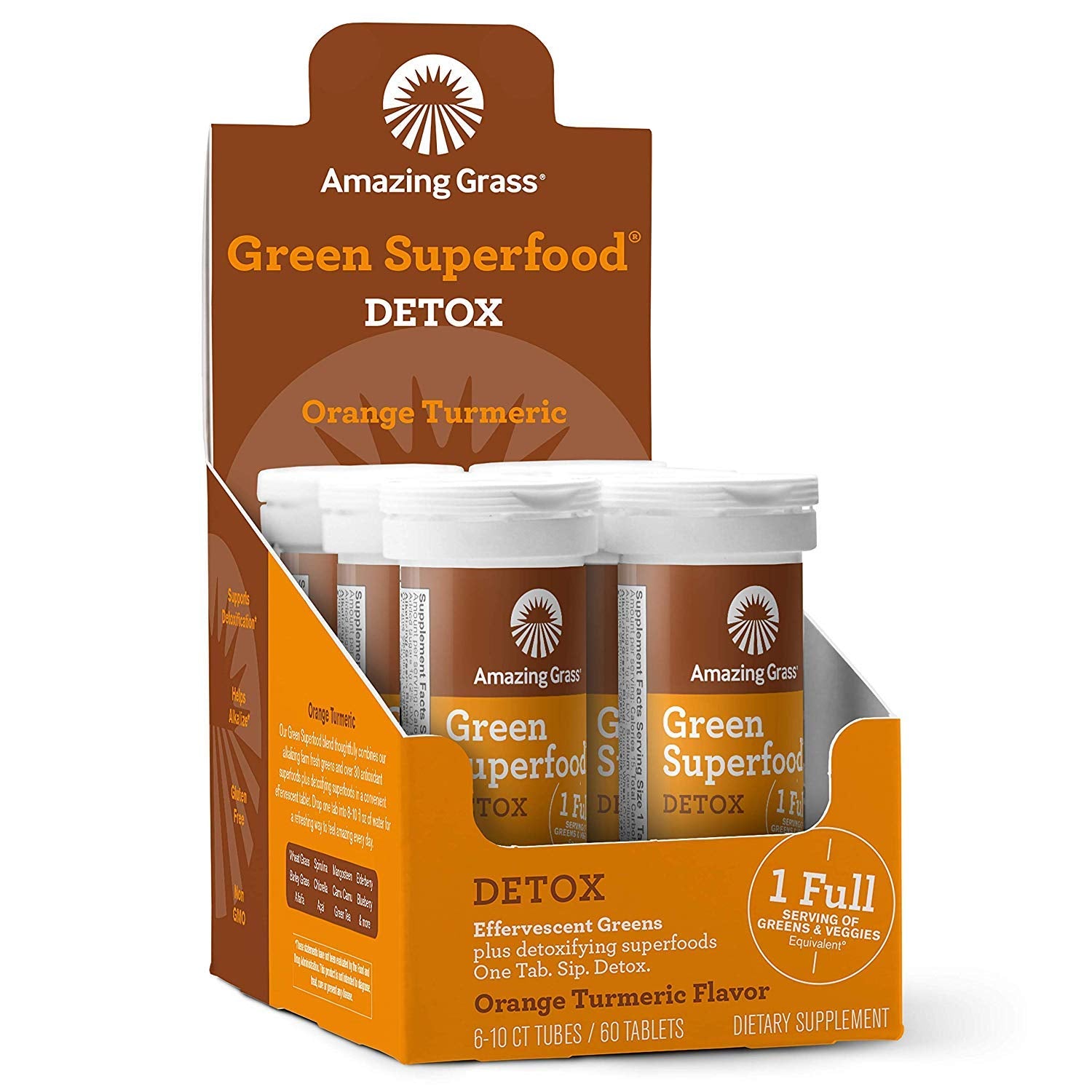 Effervescent Detox Tablets: Water Flavoring Tablet with Detoxifying Greens & Antioxidants, Orange Turmeric, 60 Count