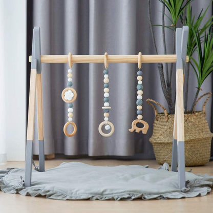 Wooden Baby Play Gym with Mat, Baby Play Gym Frame Activity Gym Hanging Bar with 5 Gym Baby Toys Gift for Newborn Baby